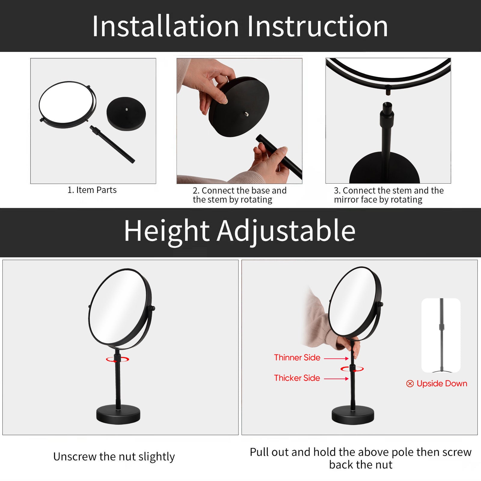 Satin Black Adjustable Height Makeup Mirror